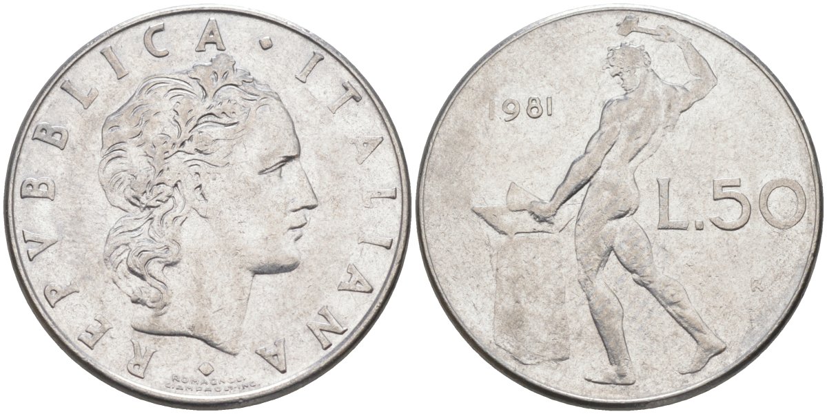 Италия 50 лир 1981 R, Бог огня Вулкан у наковальни KM 95.1 нержавеющая сталь 4529-333