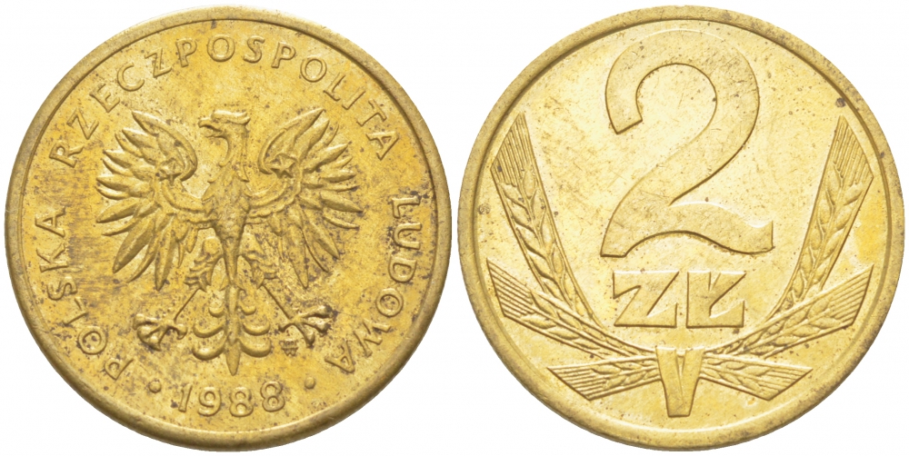 Польша 2 злотых 1988 MW KM 80.2, Parchimowicz 218c латунь 4519-944