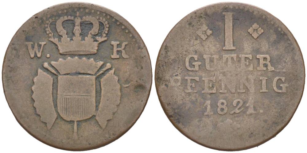 Шаумбург-Гессен 1 пфенниг 1821 Вильгельм Гессен-Кассельский (1785-1821) KM 4a, Jaeger 23, AKS 32 медь 4532-1244