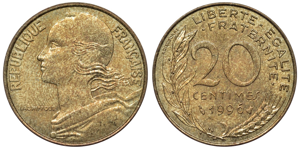 Франция 20 сантимов 1996 тип Marianne KM 930, Le Franc 156.40 медь алюминий никель 4128-241