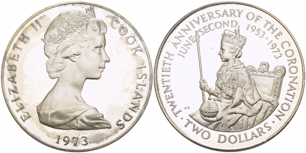 Острова Кука 2 доллара 1973 20 лет со дня коронации Елизаветы II, микроцарапины KM 8 серебро PROOF 1068-1-63