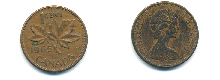 Канада 1 цент 1965 Елизавета II (1952-2022), кленовый лист KM 59.1 бронза 177-1331