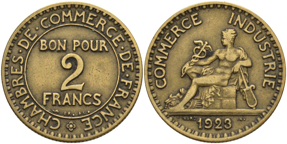 Франция 2 франка 1923 Третья республика (1871-1940) KM 877, Le Franc 267.7 алюминиевая бронза 4144-314