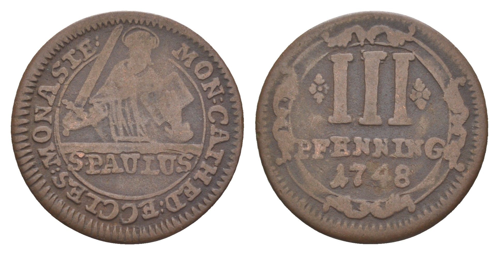 Мюнстер 3 пфеннига 1748 Монетный двор кафедрального капитула KM 430 медь 633-1442