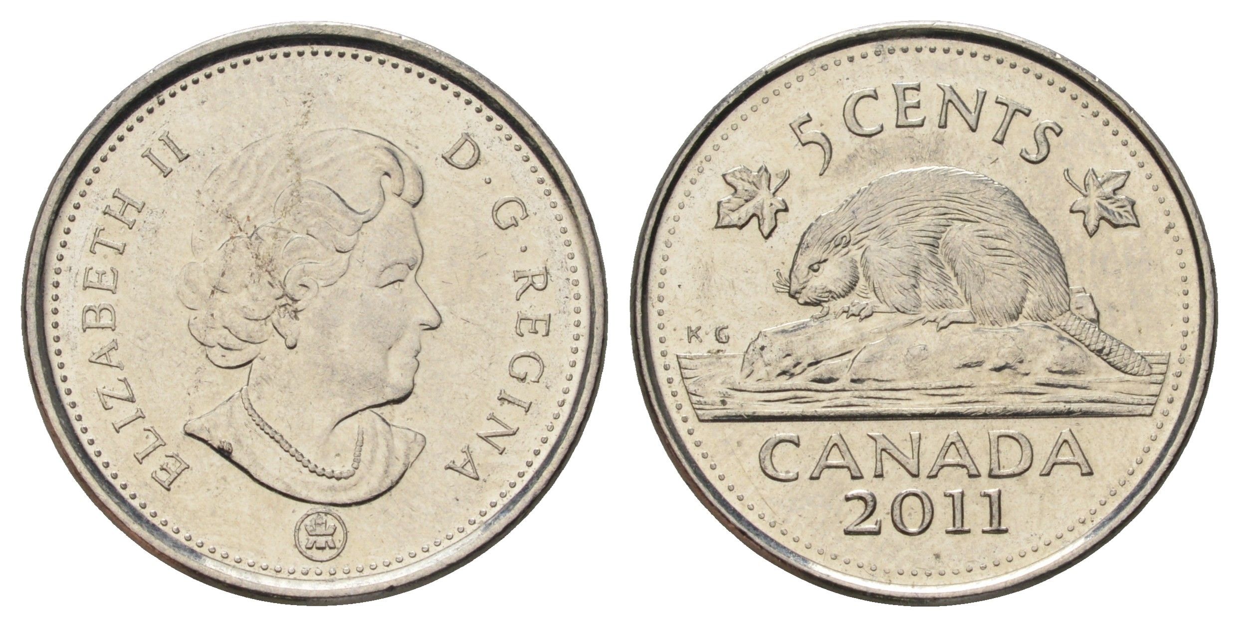 Канада 5 центов 2011 Leaf, Елизавета II (1952-2022), бобр KM 491 сталь плакированная никелем 4689-526
