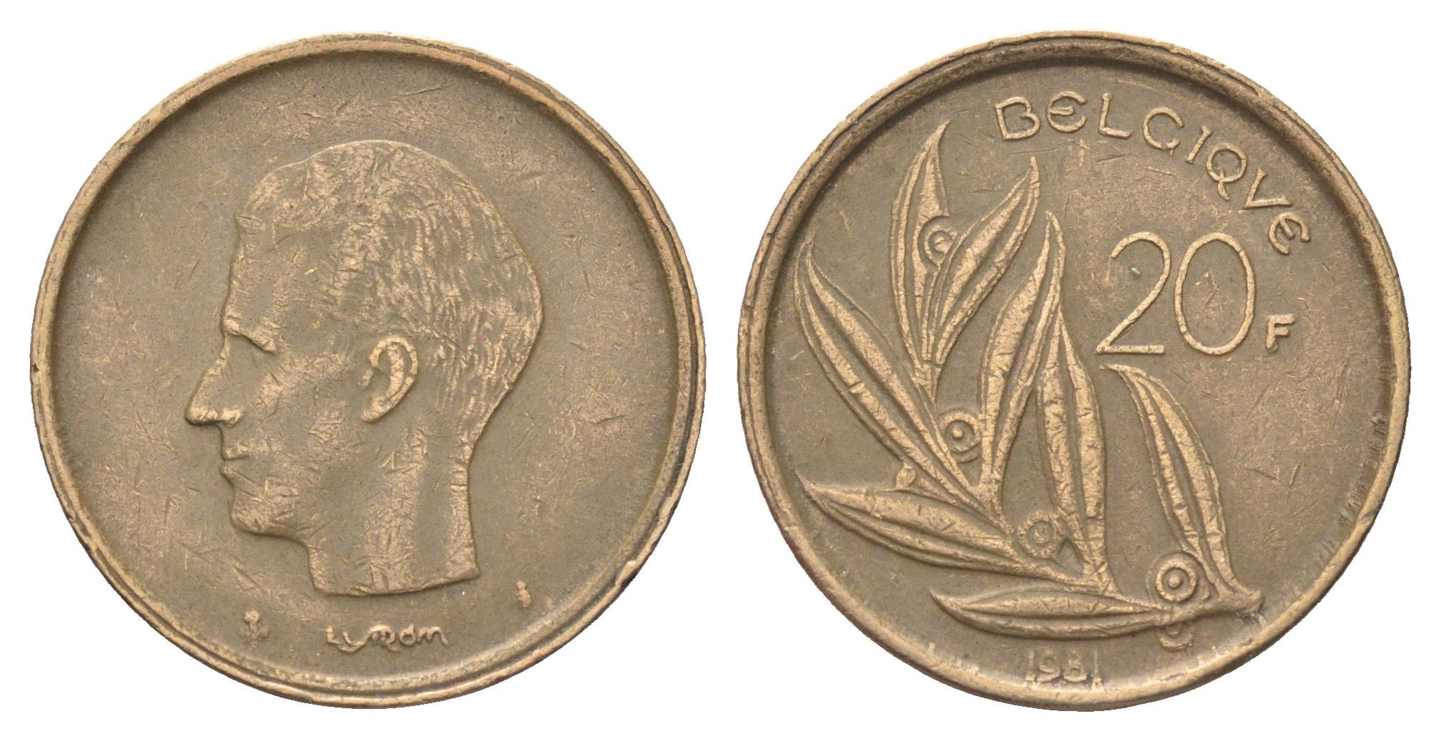 Бельгия 20 франков 1981 Belgique, Бодуэн I (1951-1993) KM 159 никель латунь 4704-1221