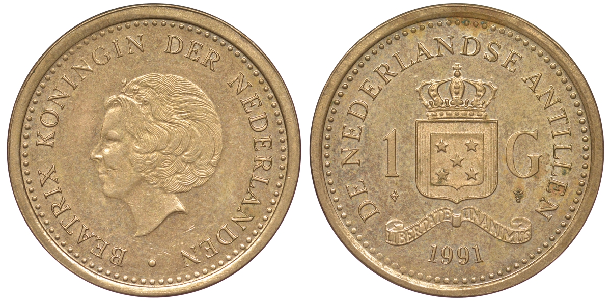 Нидерландские Антилы 1 гульден 1991 Беатрикс (1980-2013) KM 37 позолоченная сталь 25-2021