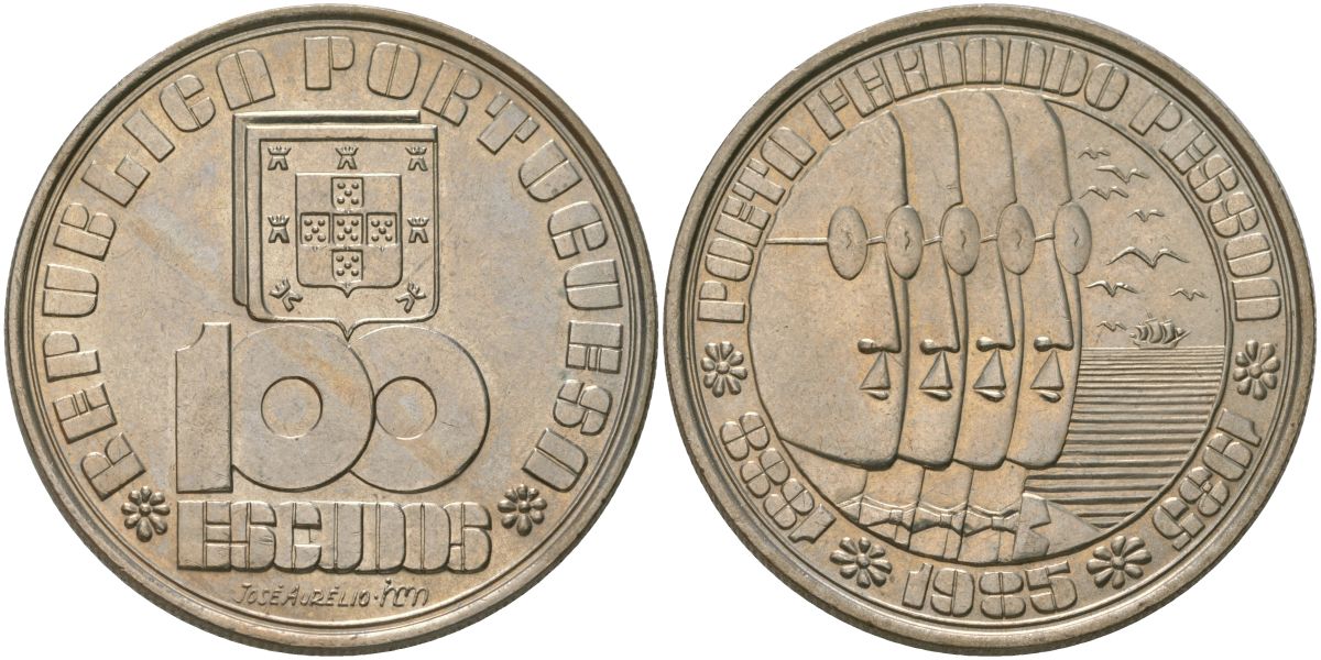 Португалия 100 эскудо 1985 INCM, 50 лет со дня смерти Фернандо Пессоа KM 628 медно-никель aUNC 4587-1024
