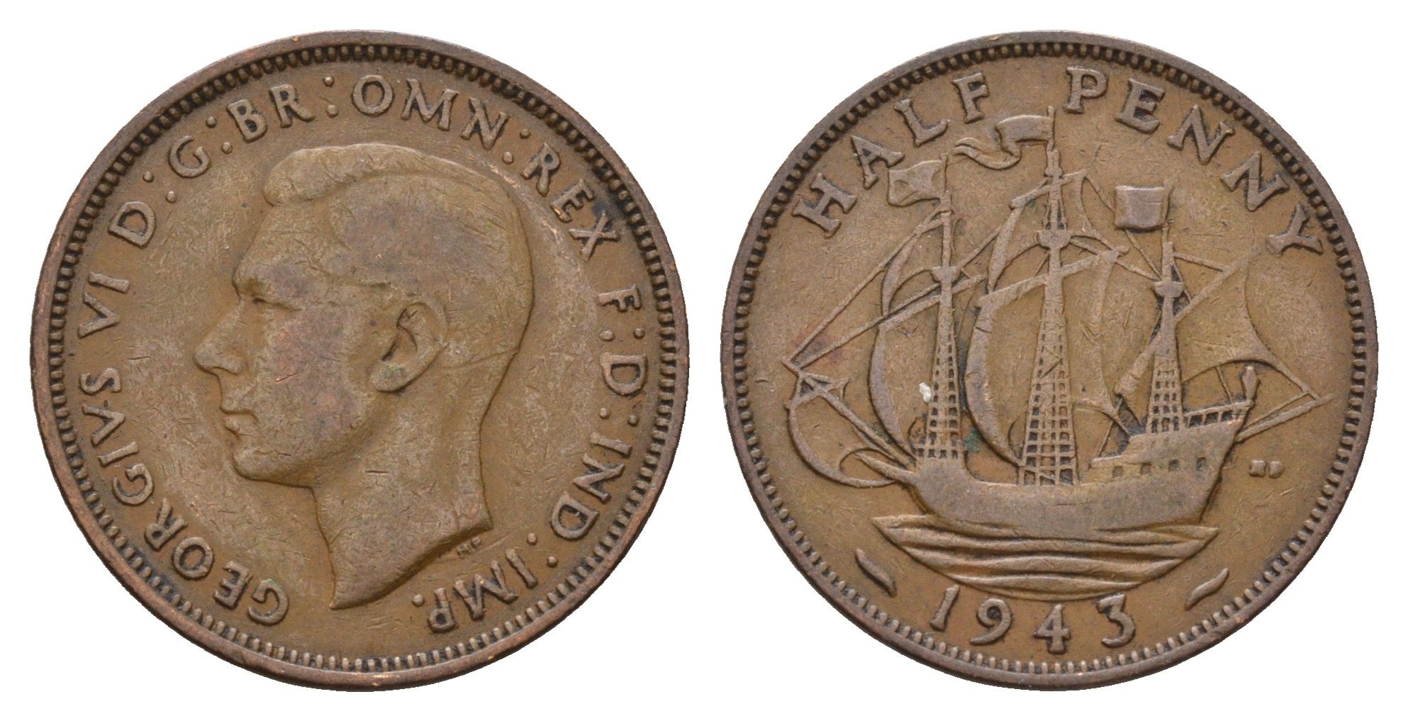 Великобритания 1/2 пенни 1943 Георг VI (1936-1952) KM 844, Spink 4115 бронза 4519-231