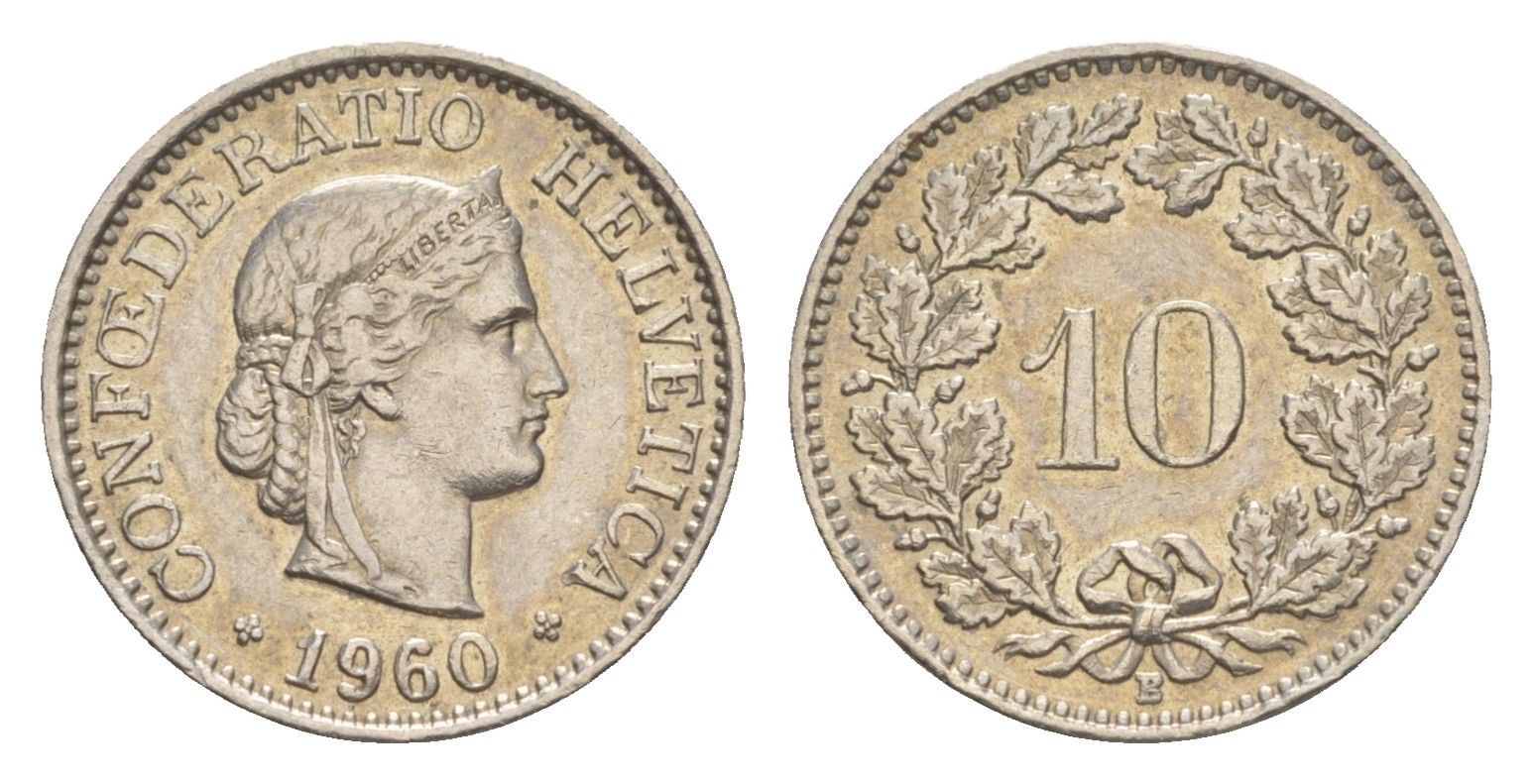 Швейцария 10 раппенов 1960 B KM 27 медно-никель 4532-1245