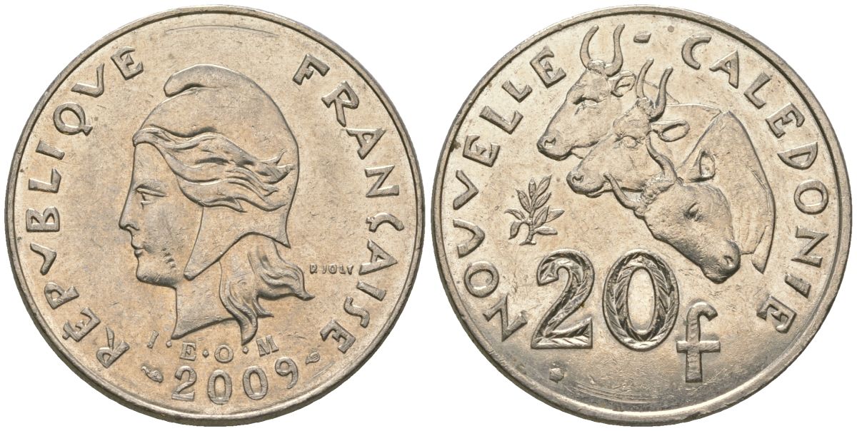 Французская Новая Каледония 20 франков 2009 три быка, (IEOM) KM 12a, Schoen 14a, Lec 115j медно-никель 84-114