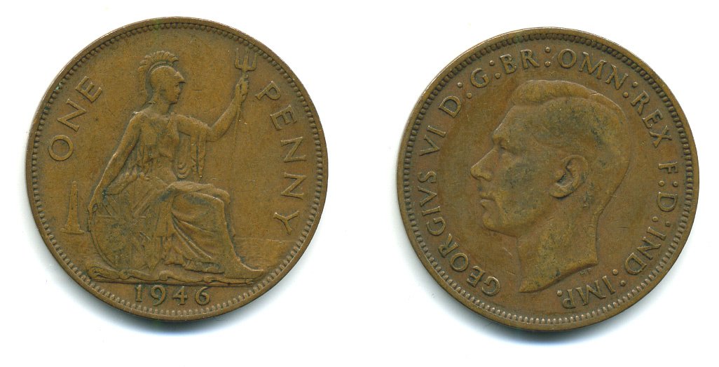 Великобритания 1 пенни 1946 Георг VI (1936-1952) KM 845, Spink 4114 бронза 540-643