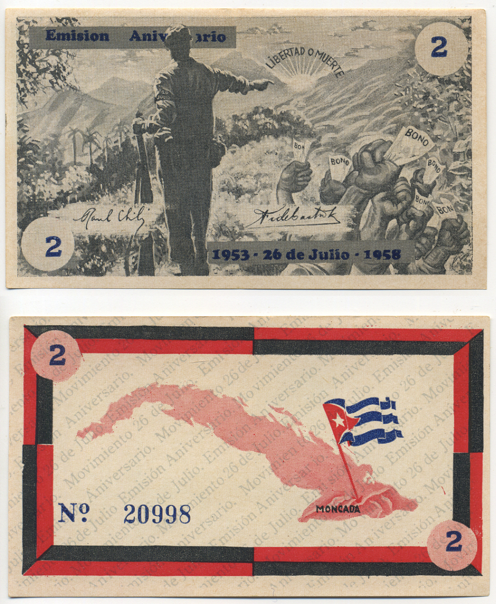 Куба, революционный выпуск 2 песо 1958 штурм казарм Монкада в 1953 году, Фидель Кастро   бумага  аUNC  504-41-1-1