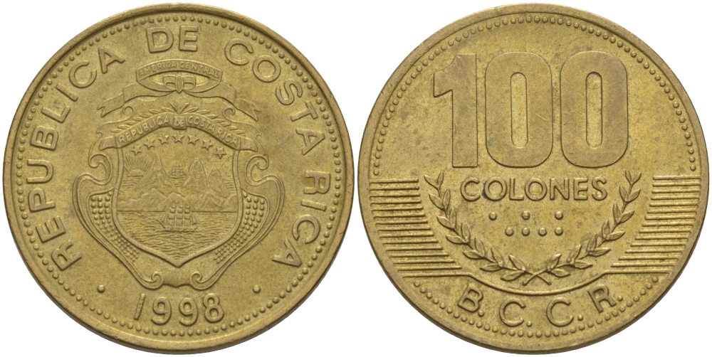 Коста-Рика 100 колон 1998 B.C.C.R. KM 230а латунь 82-236