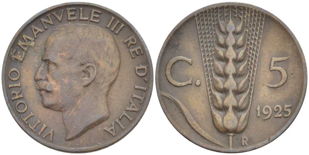 ИТАЛИЯ 5 ЧЕНТЕЗИМО 1925 R, МОНДВОР РИМ, ВИКТОР ЭММАНУИЛ III (1900-1946) KM 59 медь 4525-142