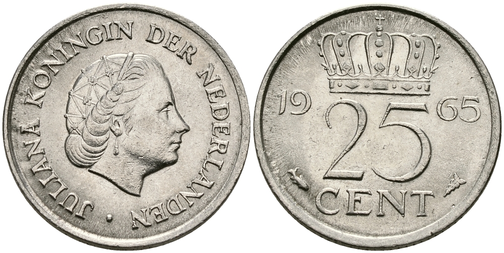 Нидерланды 25 центов 1965 Юлиана (1949-1980) KM 183 никель 96-162