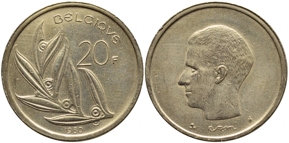 Бельгия 20 франков 1980 Belgique, Бодуэн I (1951-1993) KM 159 никель бронза 259-1233