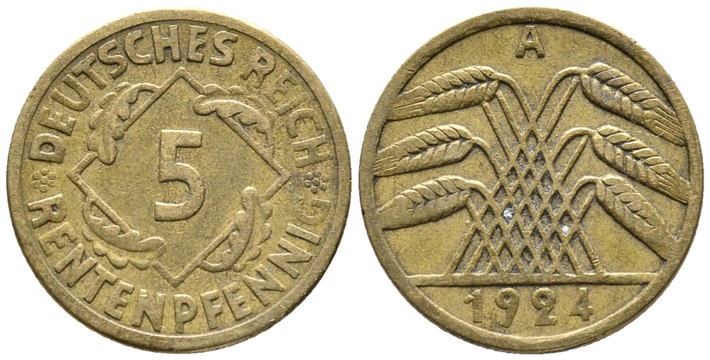 ГЕРМАНИЯ 5 РЕНТЕНПФЕННИГОВ 1924 A KM 32, J. 308 алюминиевая бронза 39-455