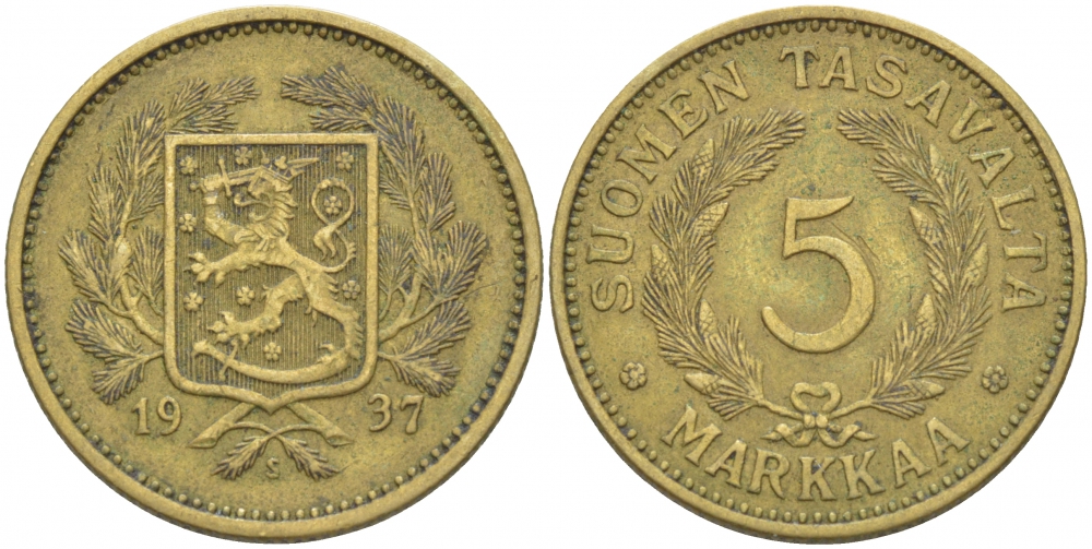 ФИНЛЯНДИЯ 5 МАРОК 1937 S KM 31 алюминиевая бронза 3457-944