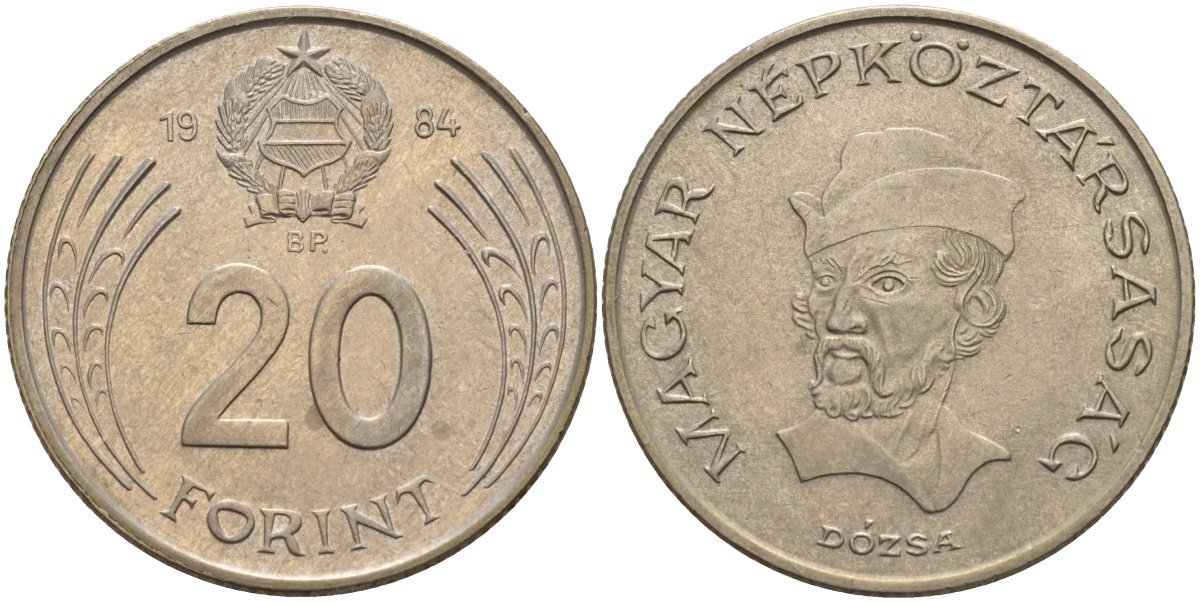 Венгрия 20 форинтов 1984 Дьердь Дожа KM 630 медно-никель 4140-446