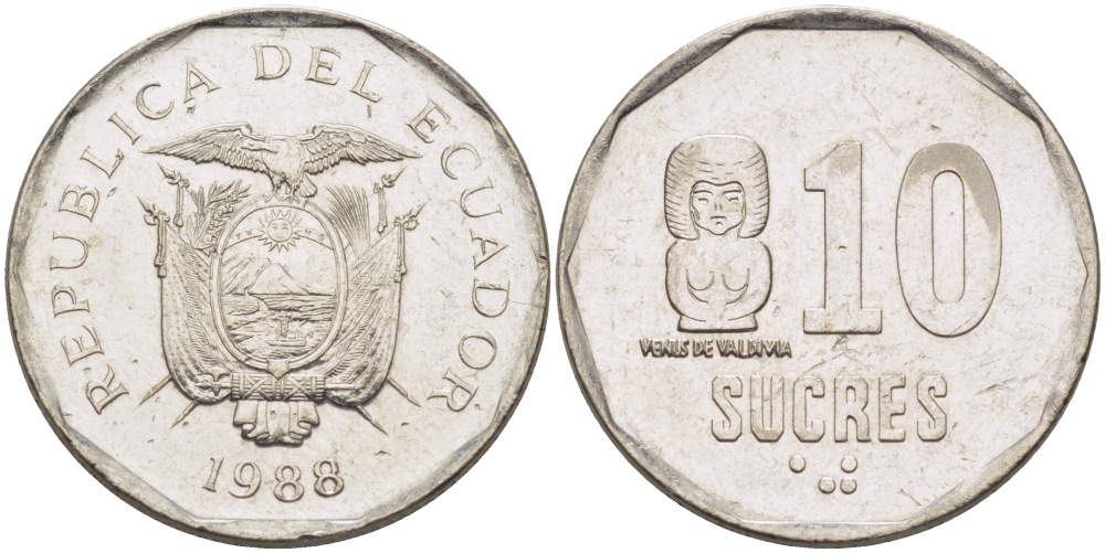 ЭКВАДОР 10 СУКРЕ 1988 VENUS DE VALDIVIA KM 92.1 сталь плакированная никелем 31-433