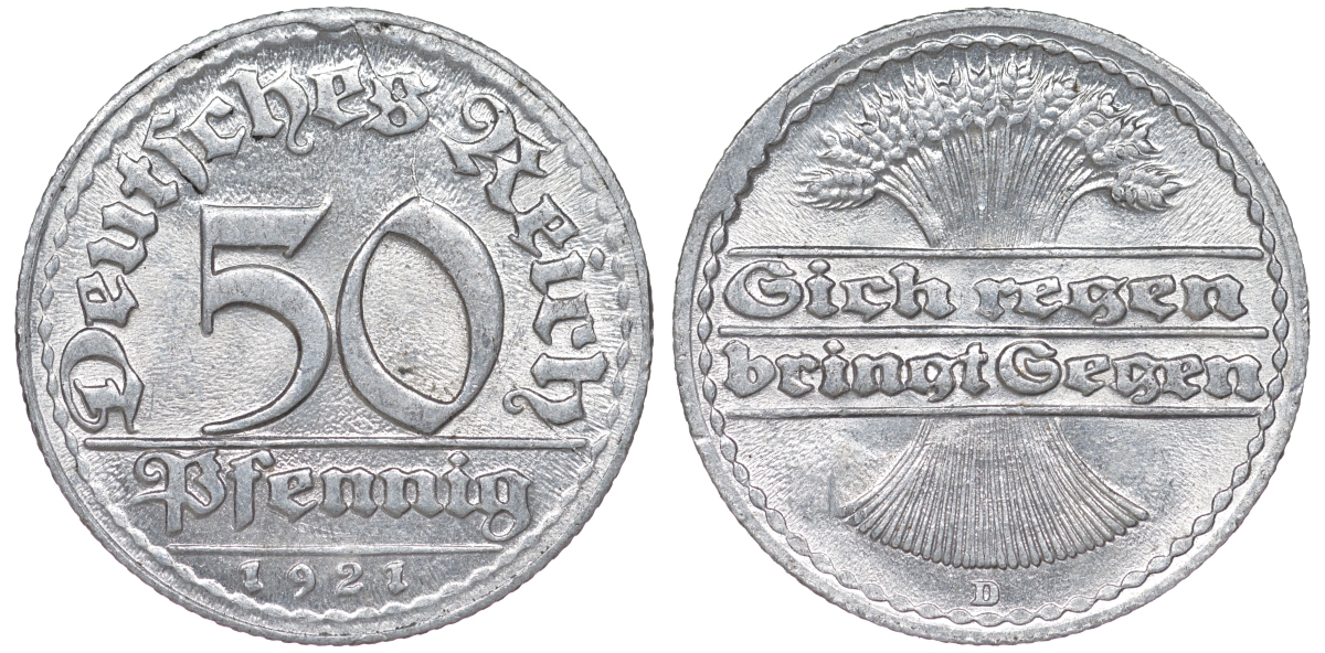 Германия 50 пфеннигов 1921 D KM 27, J. 301 алюминий aUNC 4114-845
