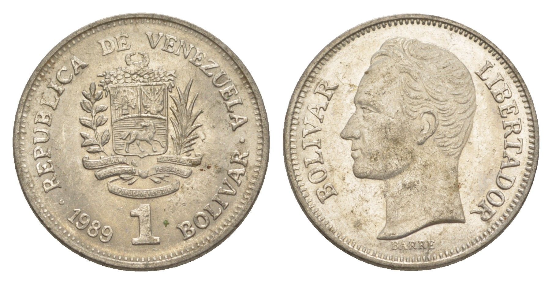 Венесуэла 1 боливар 1989 Симон Боливар, тонкий шрифт Y 52a.1 сталь плакированная никелем 4589-615