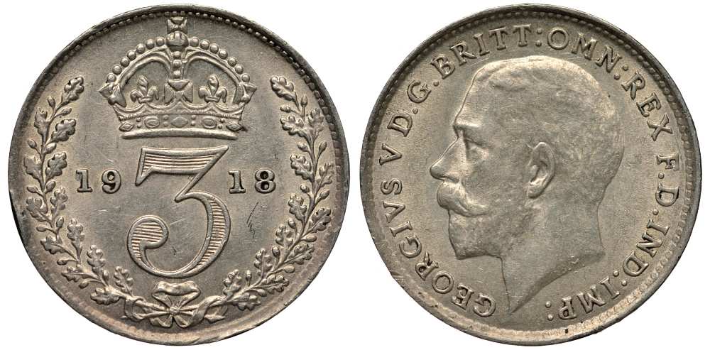 Великобритания 3 пенса 1918 Георг V (1910-1936) KM 813, Spink 4015 серебро 214-357
