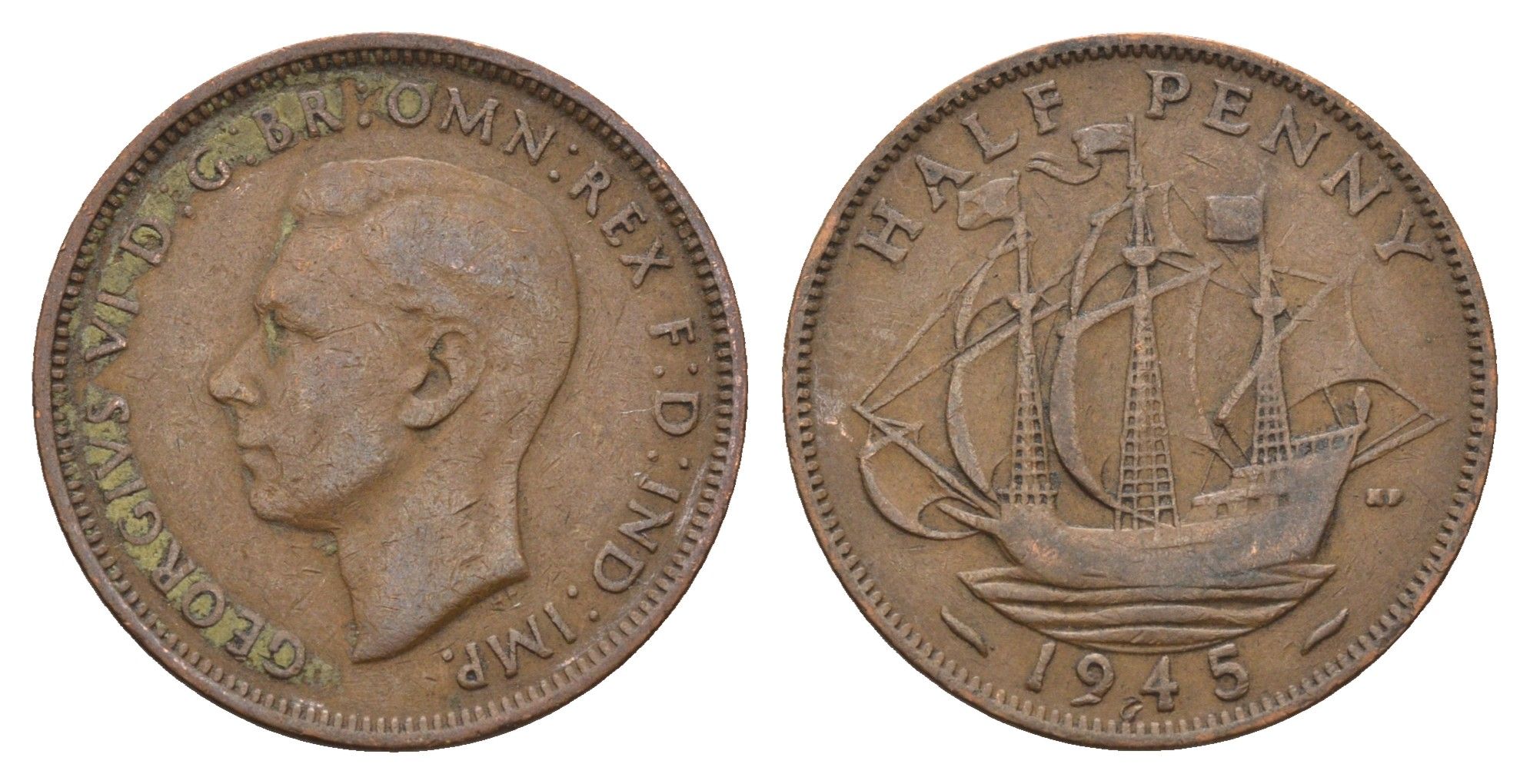 Великобритания 1/2 пенни 1945 Георг VI (1936-1952) KM 844, Spink 4115 бронза 4699-425