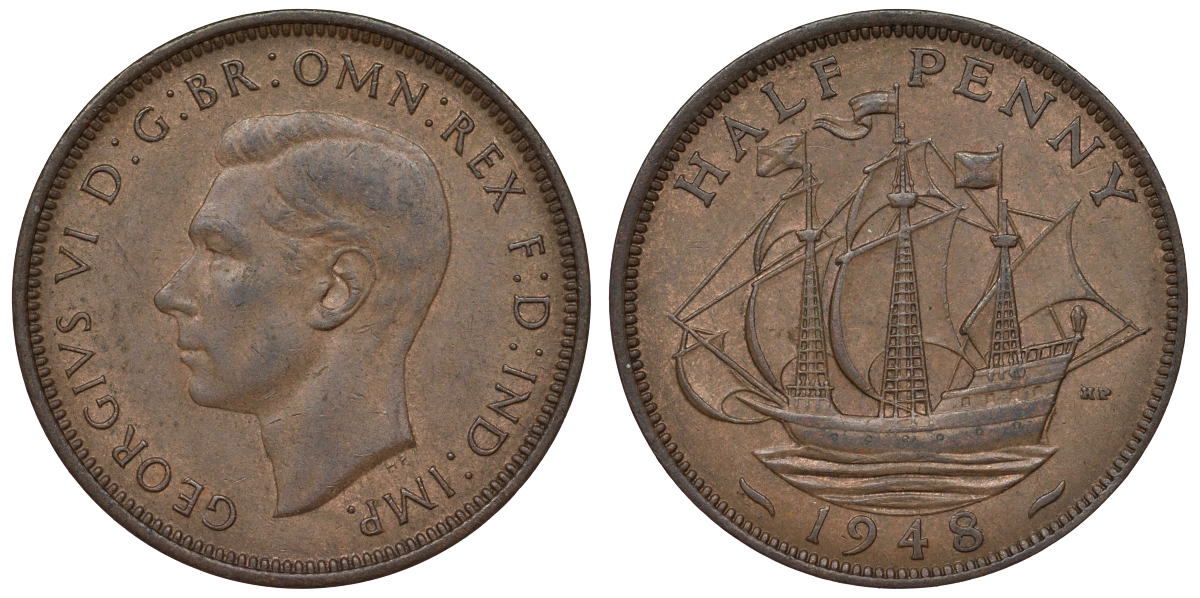 Великобритания 1/2 пенни 1948 Георг VI (1936-1952) KM 844, Spink 4115 бронза 4681-115