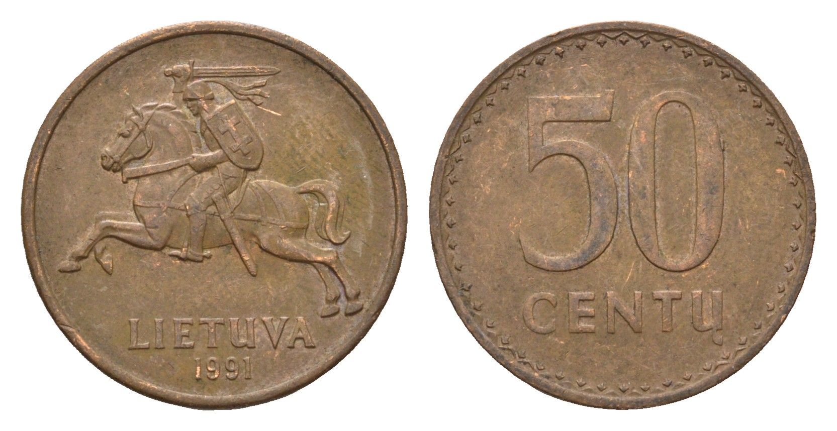 Литва 50 центов (сентов) 1991 год-тип KM 90 бронза 4689-1067