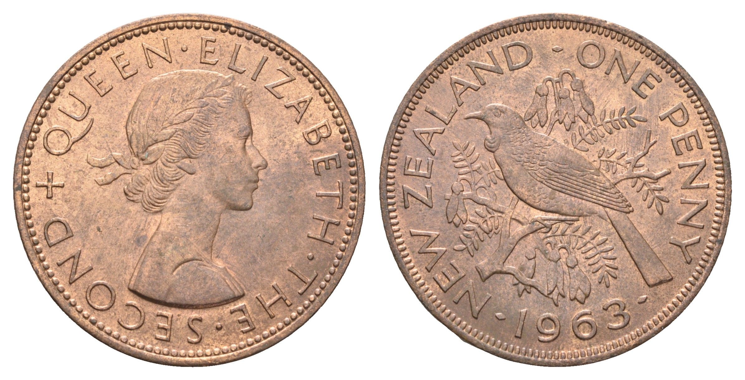 Новая Зеландия 1 пенни 1963 Елизавета II (1952-2022), новозеландский туи KM 24.2 бронза aUNC 4587-721