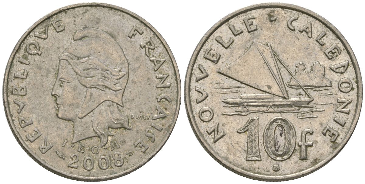 Французская Новая Каледония 10 франков 2008 рыбачья парусная лодка, (IEOM) KM 11a, Schoen 13a, Lec 99k медно-никель 60-247