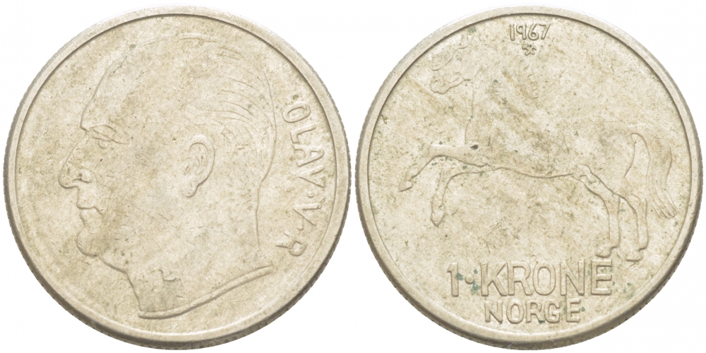 НОРВЕГИЯ 1 КРОНА 1967 КМ 409 медно-никель 77-447
