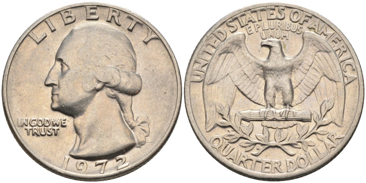 США 25 центов (квотер) 1972 Вашингтон KM 164a медь плакированная медно-никелем 4584-1014