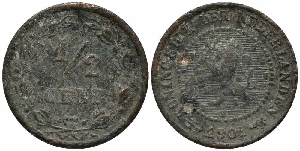 НИДЕРЛАНДЫ 1/2 ЦЕНТА 1901 ВИЛЬГЕЛЬМИНА (1890-1948) KM 109 бронза 112-167