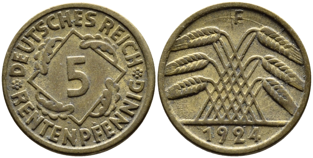 ГЕРМАНИЯ 5 РЕНТЕНПФЕННИГОВ 1924 F, KM 32, J. 308 алюминиевая бронза 4387-1148