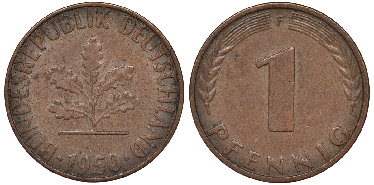 ФРГ 1 пфенниг 1950 F KM 105 сталь плакированная медью 4164-124