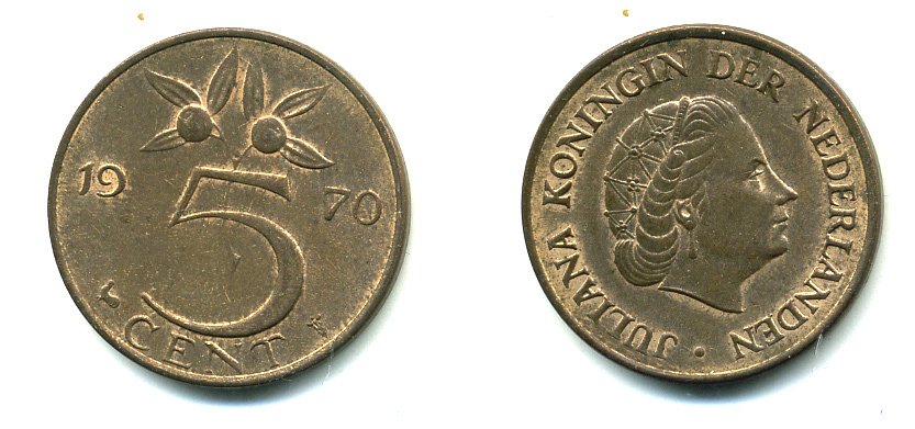 НИДЕРЛАНДЫ 5 ЦЕНТОВ 1970 ЮЛИАНА KM 181 бронза 76-441
