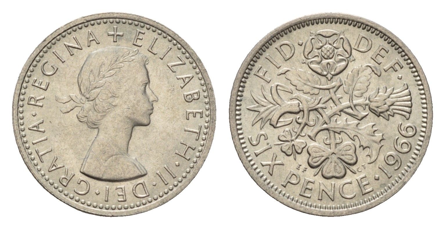 Великобритания 6 пенсов 1966 Елизавета II (1952-2022) KM 903, Spink 4149 медно-никель 4655-311