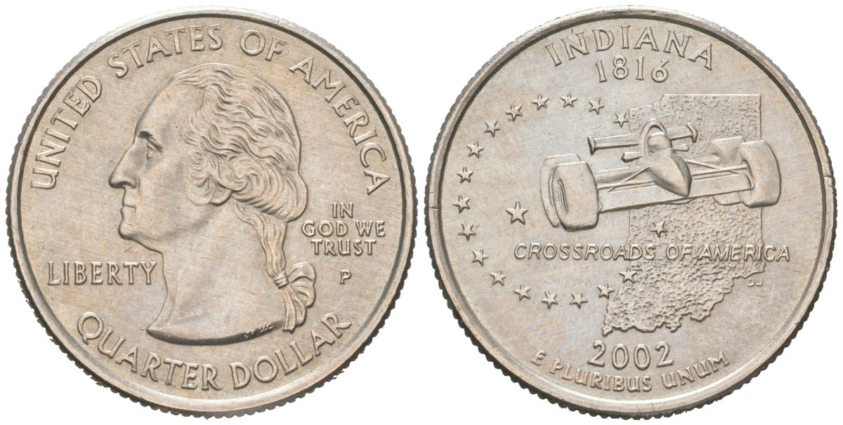 США 25 центов = квотер = 1/4 доллара 2002 P, квотер штата Индиана KM 334 медь плакированная медно-никелем UNC 183-313