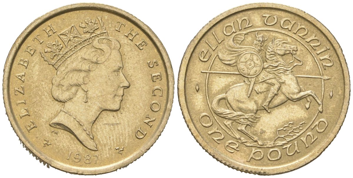 Остров Мэн 1 фунт 1987 рыцарь на лошади, Елизавета II (1952-2022), редкая KM 182 никель латунь 4619-151