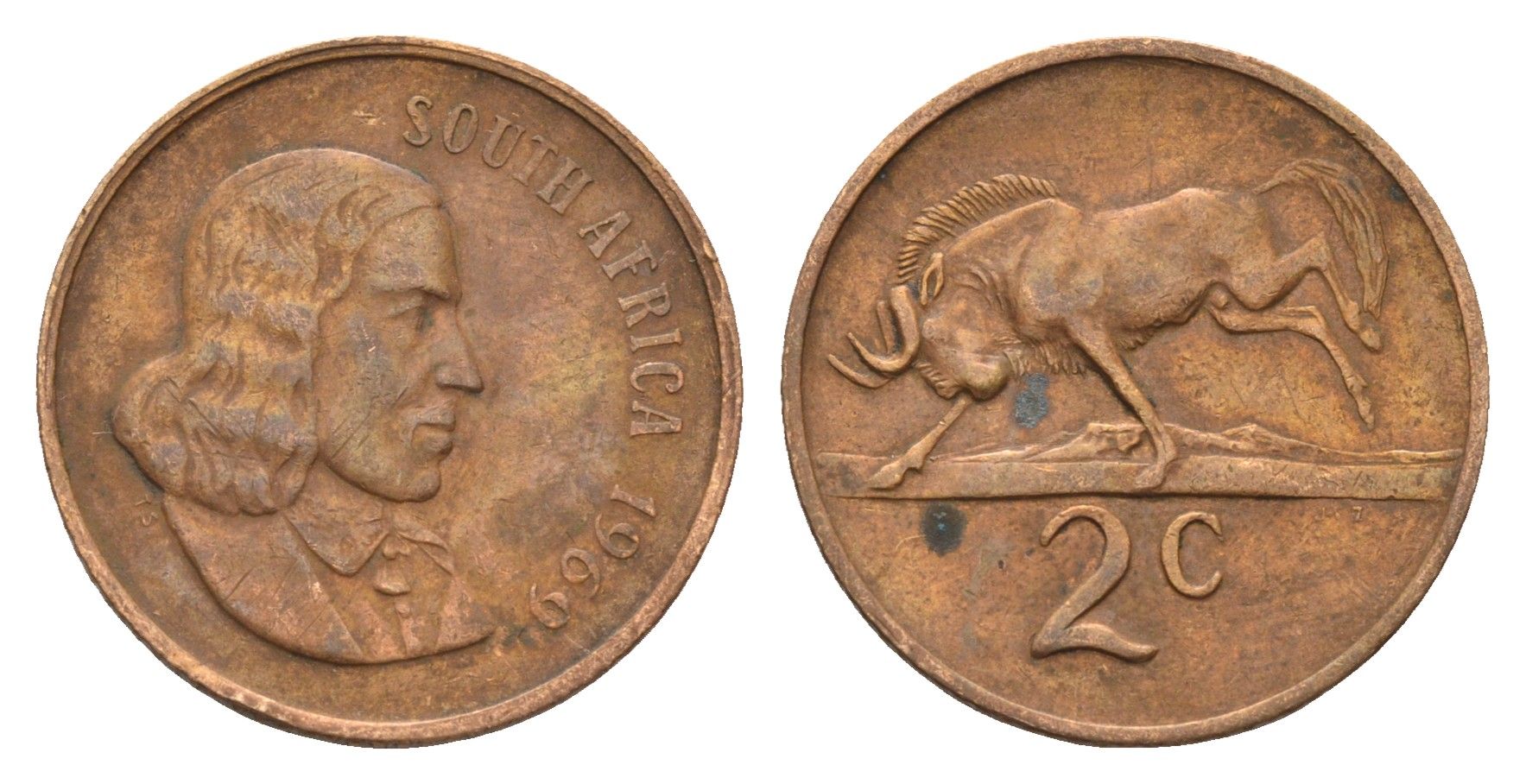 ЮАР 2 цента 1969 Ян ван Рибек (1619-1677), South Africa, легенда на английском, антилопа KM 66.1 бронза 4122-523