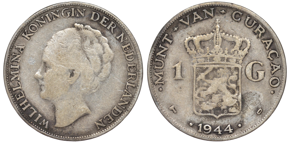 Нидерландское Кюрасао 1 гульден 1944 D, Вильгельмина (1890-1948) KM 45 серебро 36-436