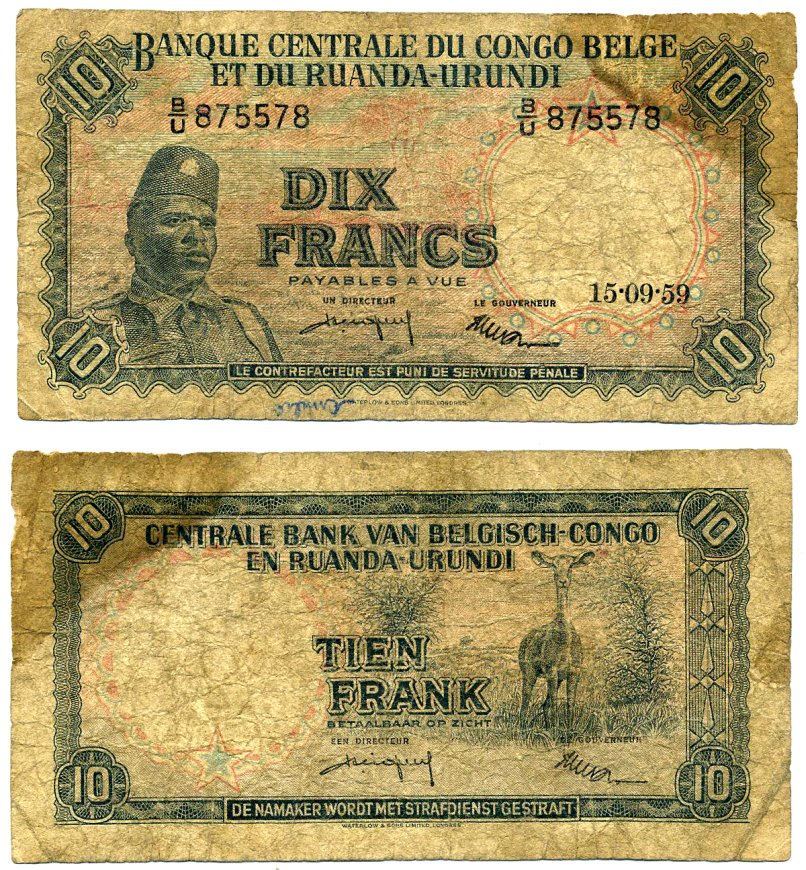 Бельгийское Конго 10 франков 1959 15 сентября 1959, Солдат "Общественных сил" (Аскари), антилопа Pick 30 b  бумага   2119-9-2-1