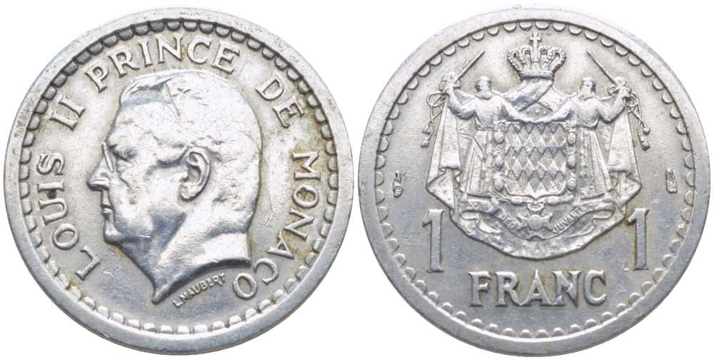 Монако 1 франк 1943 Луи II (1922-1949) KM 120 алюминий 113-357