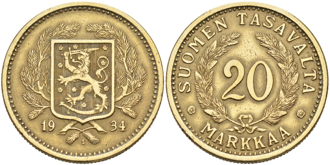 Финляндия 20 марок 1934 S KM 32 алюминиевая бронза 82-1012