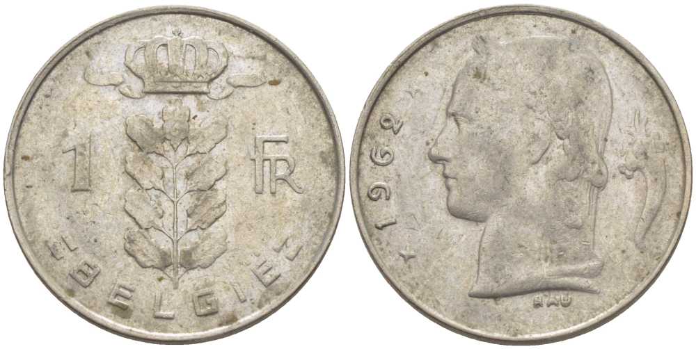 БЕЛЬГИЯ 1 ФРАНК 1962 BELGIE, БОДУЭН I (1951-1993) KM 143.1 медно-никель 119-555