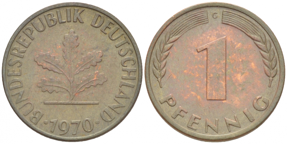 ФРГ 1 ПФЕННИГ 1970 G KM 105 J 380 сталь плакированная медью 3718-216