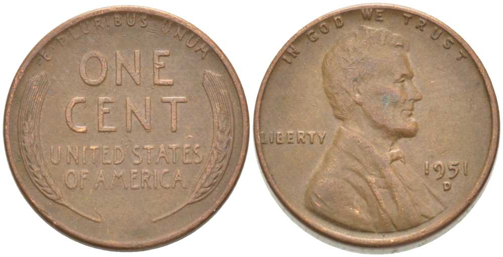 США 1 ЦЕНТ 1951 D, ЛИНКОЛЬН KM А132 медь цинк 218-564